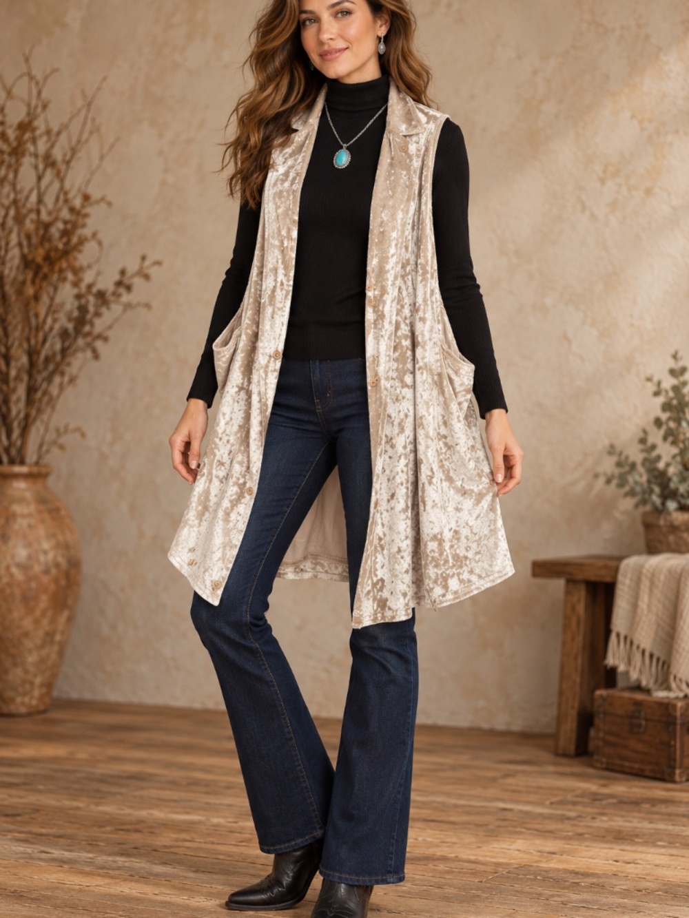 Origami by Vivien Champagne Crushed Velvet Pocket Vest – S/M